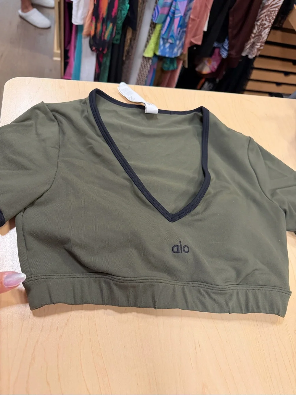 ALO Yoga Olive Crop V-Neck Top with Black Trim